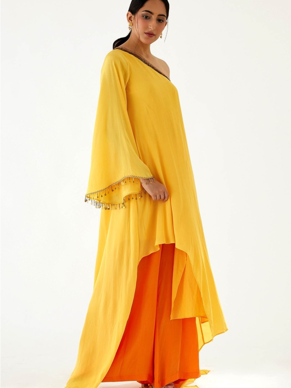 Nikasha Asymmetrical One-Shoulder Tunic & Dhoti Pants Set | Coin Hand Embroidery